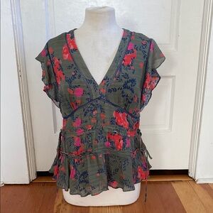 Tanya Taylor Green Red‎ Floral 100% Silk Flutter Sleeve Designer Blouse 8